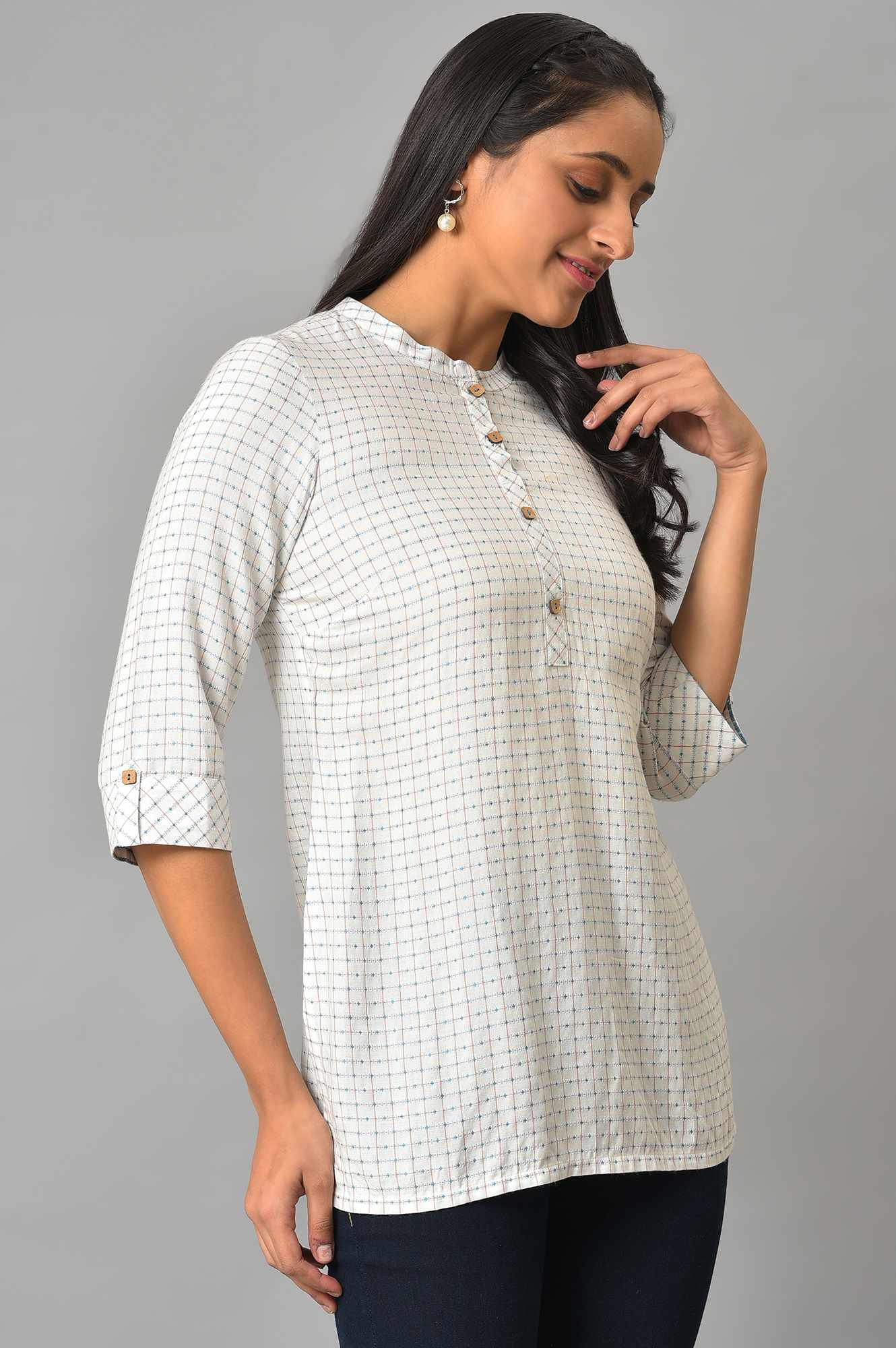 White Check Printed kurta &amp; Denim Jeggings