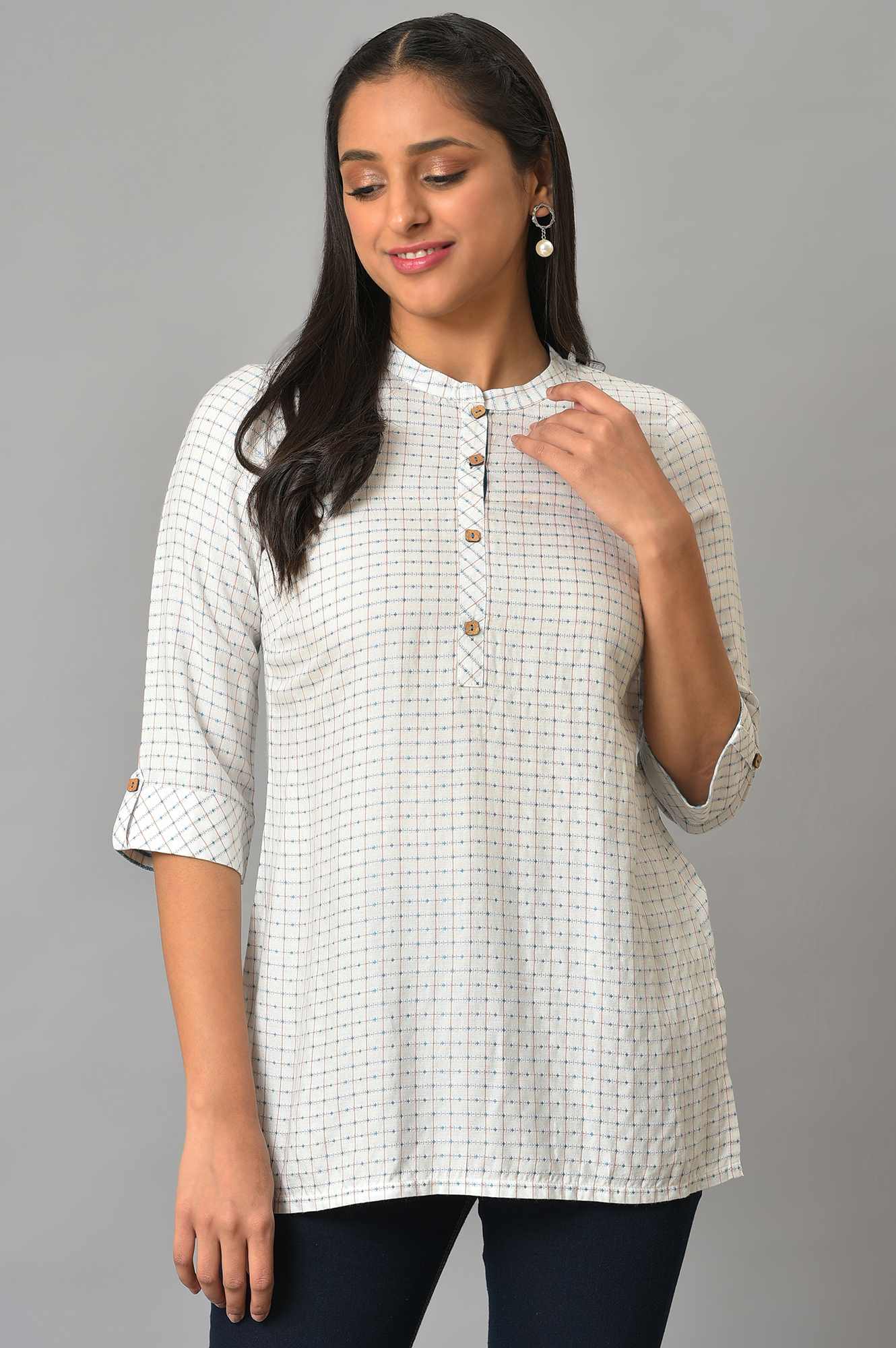 White Check Printed kurta &amp; Denim Jeggings