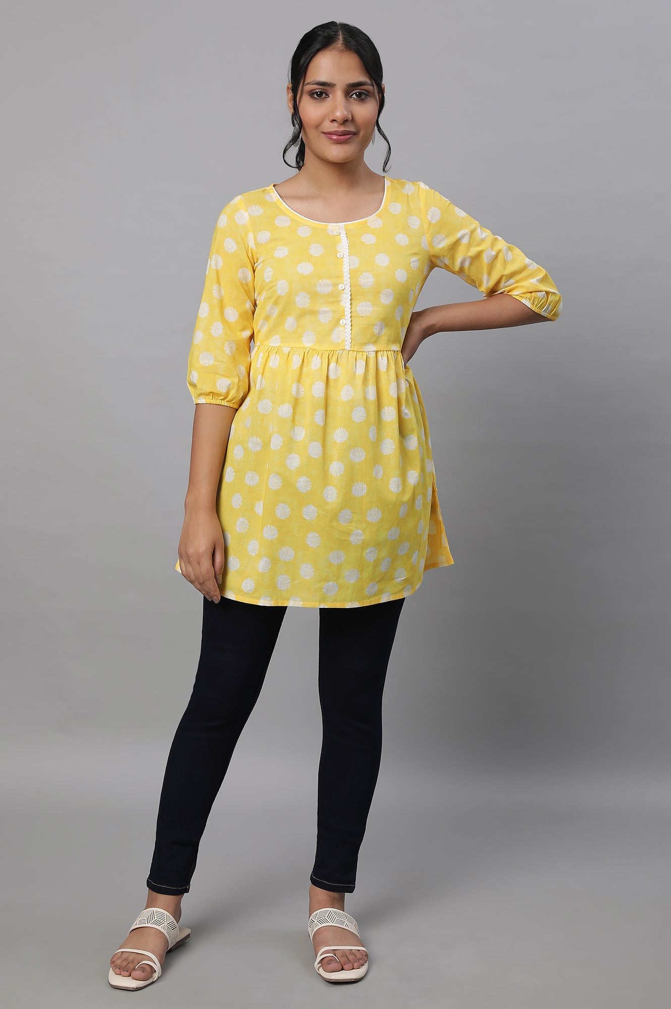 Yellow Polka Print kurta &amp; Blue Denim Jeggings