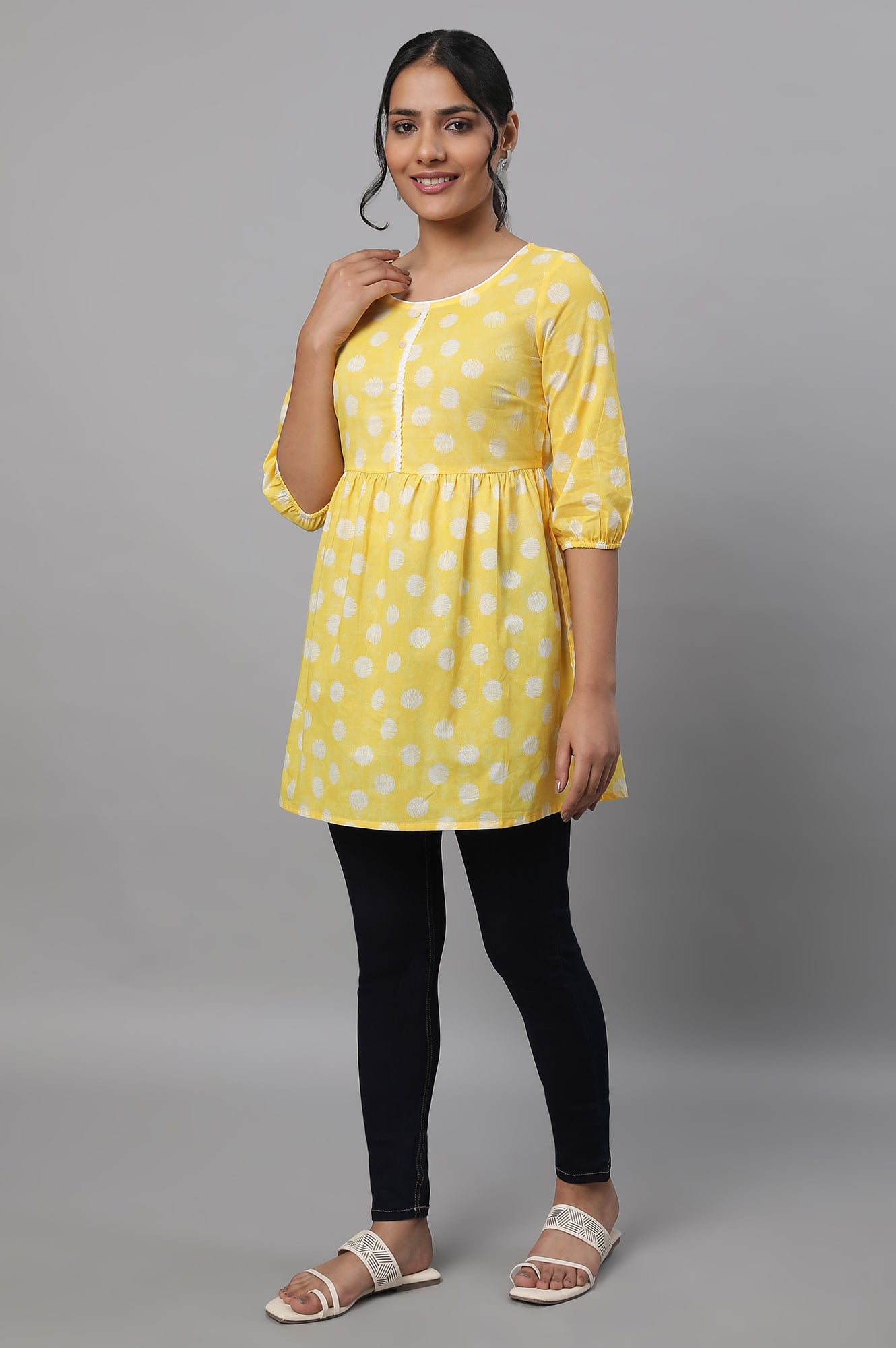 Yellow Polka Print kurta &amp; Blue Denim Jeggings