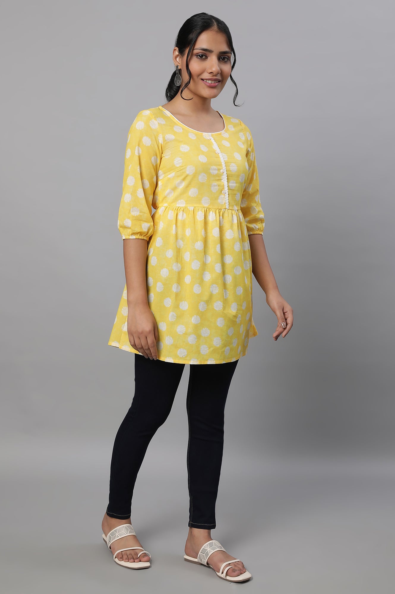 Yellow Polka Print kurta &amp; Blue Denim Jeggings