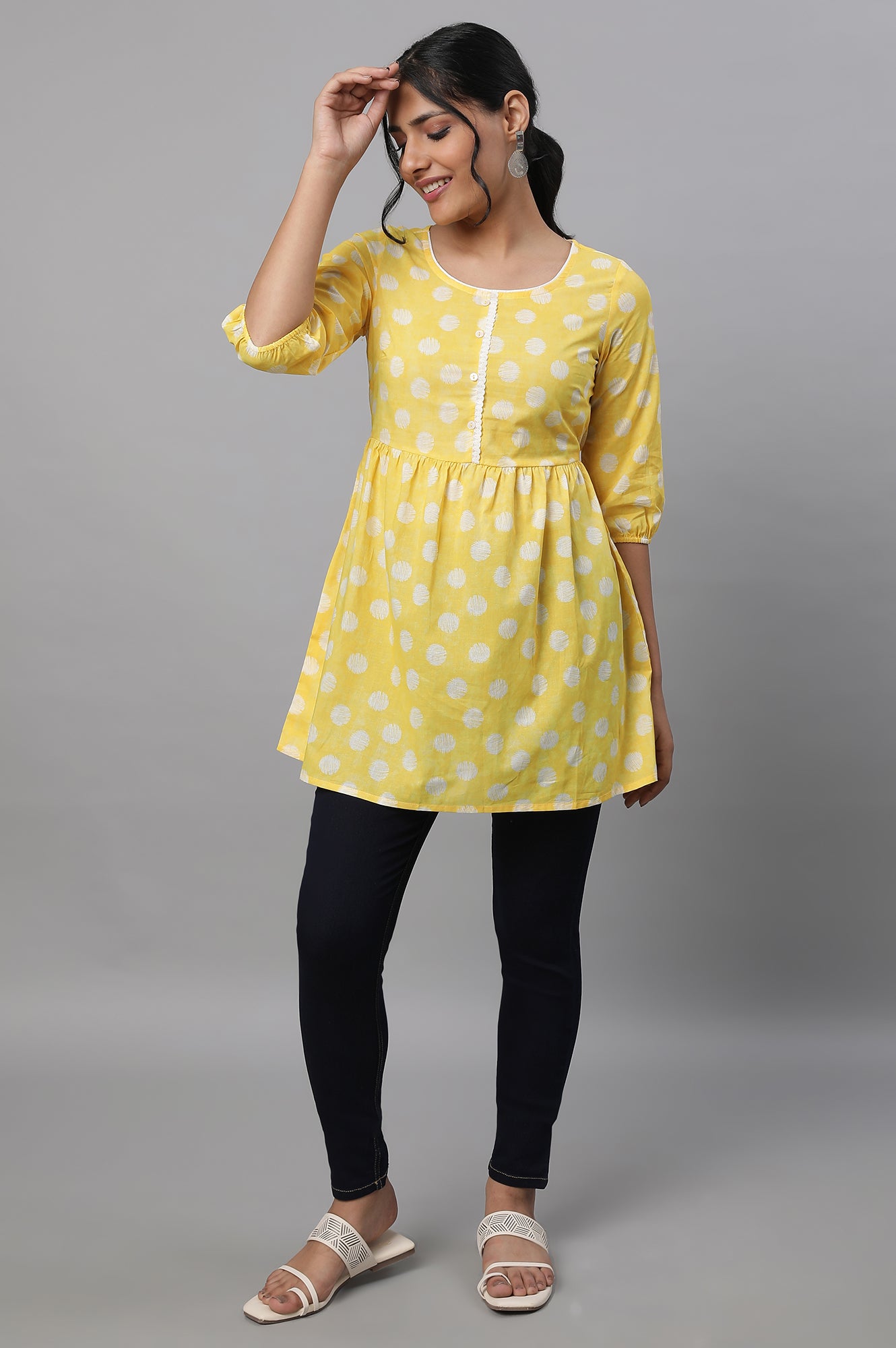 Yellow Polka Print kurta &amp; Blue Denim Jeggings