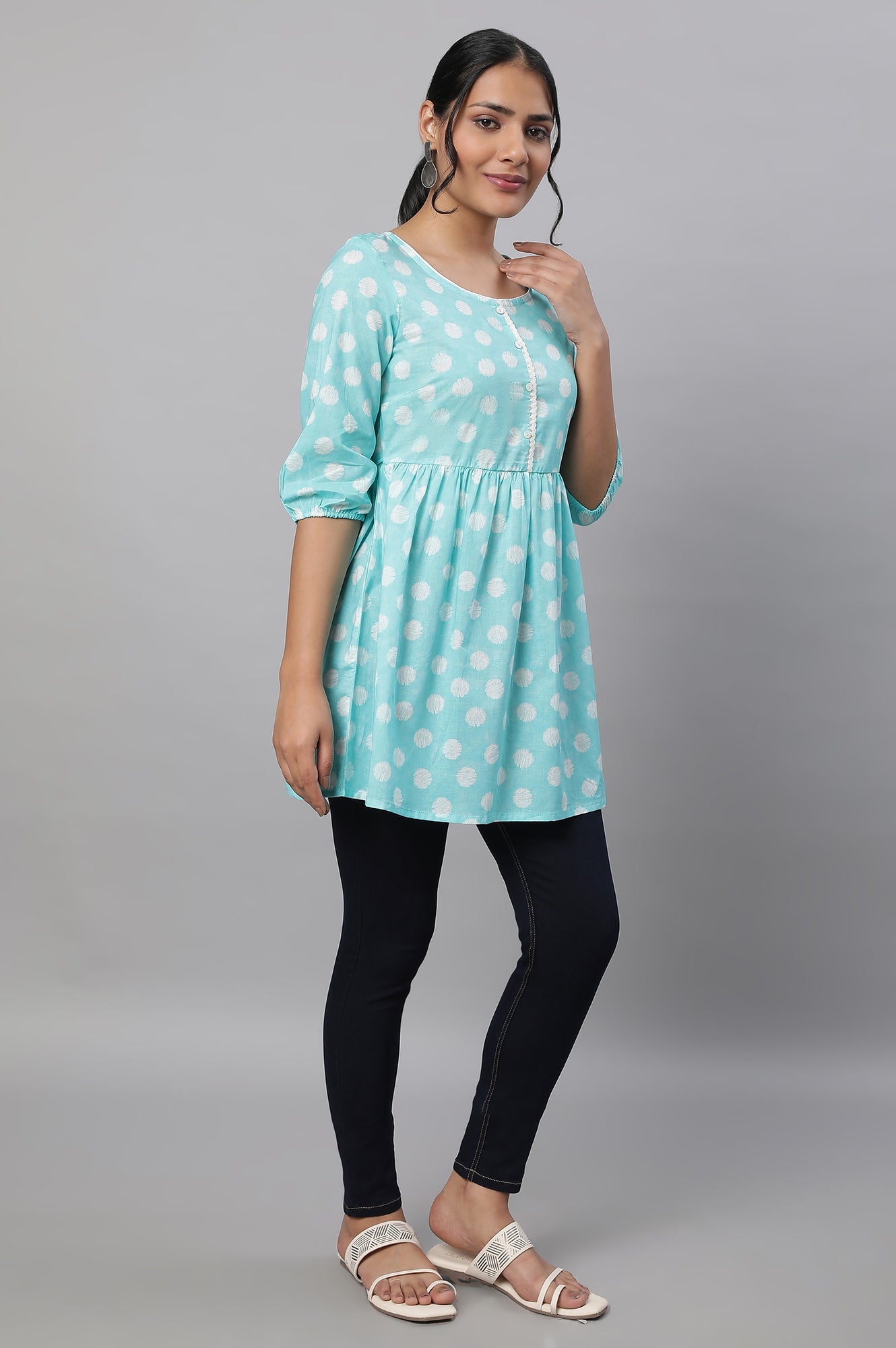 Blue Polka Print kurta &amp; Blue Denim Jeggings