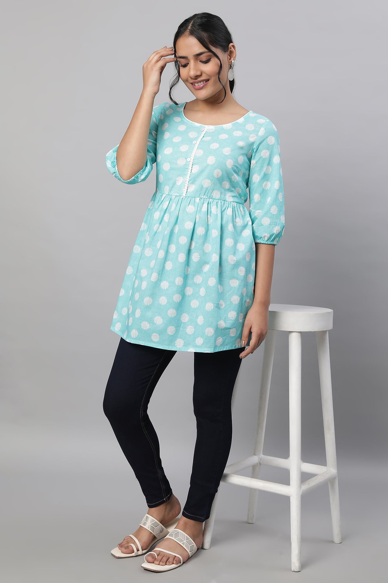 Blue Polka Print kurta &amp; Blue Denim Jeggings