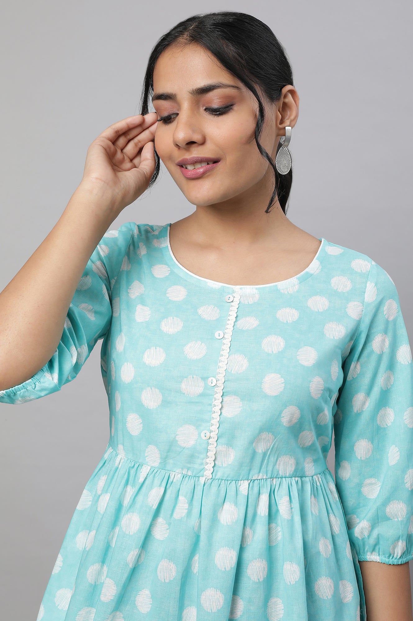 Blue Polka Print kurta &amp; Blue Denim Jeggings