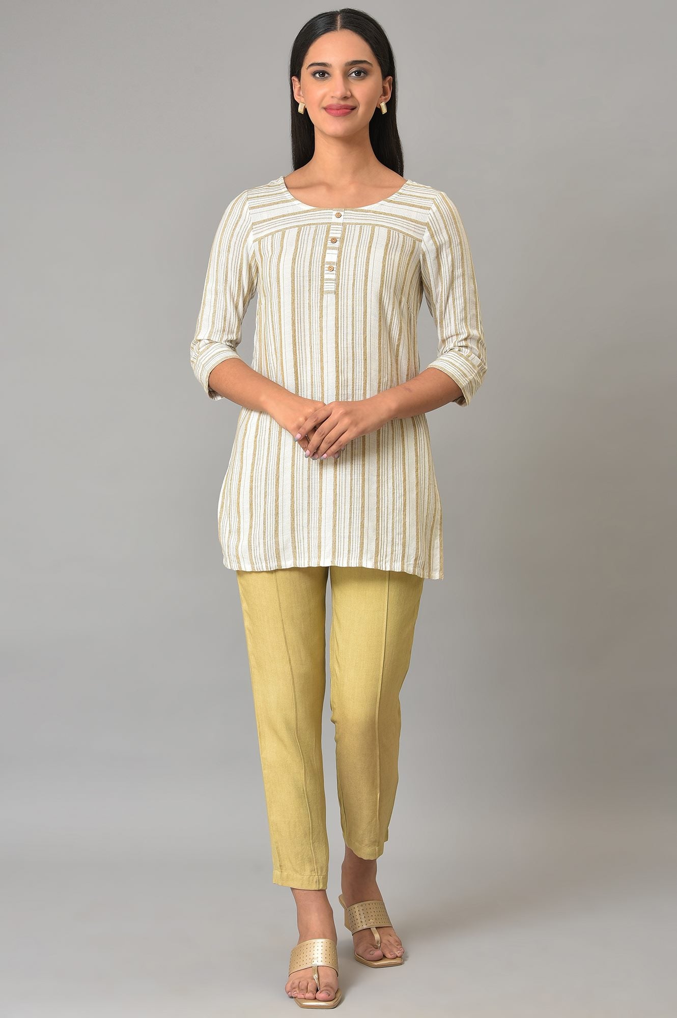 Beige Stripe Print kurta &amp; Trousers Set