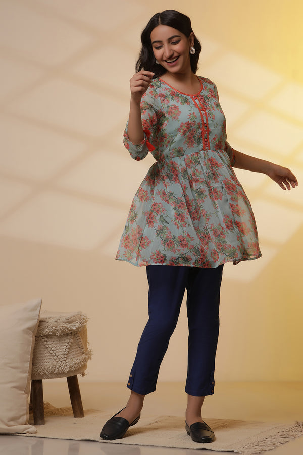 Green Floral Printed Peplim Short Kurti and Trousers Set