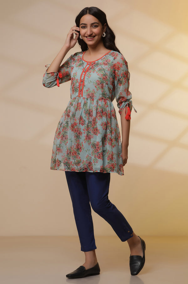 Green Floral Printed Peplim Short Kurti and Trousers Set
