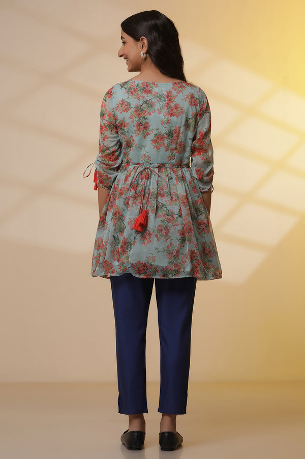 Green Floral Printed Peplim Short Kurti and Trousers Set