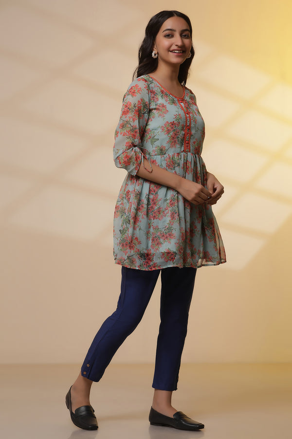 Green Floral Printed Peplim Short Kurti and Trousers Set