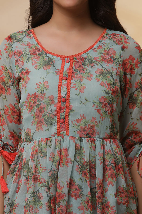 Green Floral Printed Peplim Short Kurti and Trousers Set