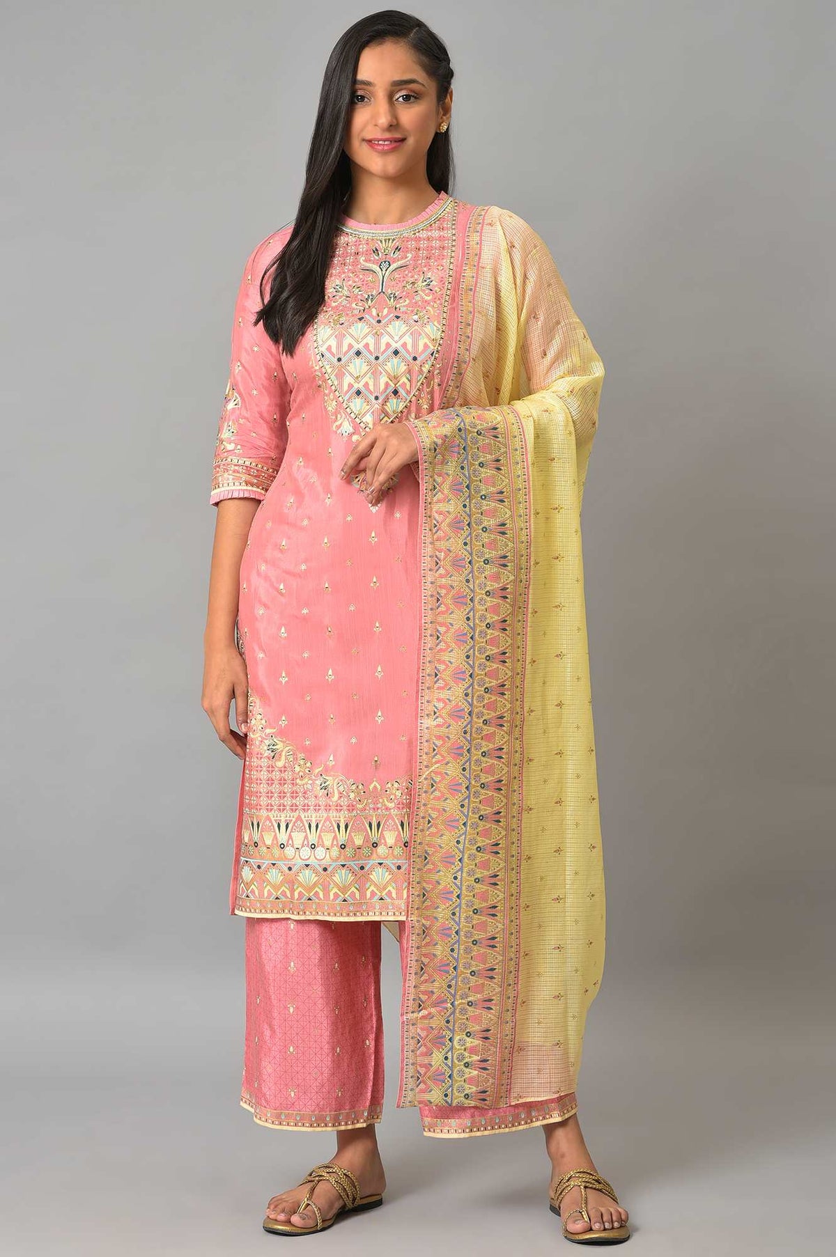 Pink Festive kurta With Narrow Palaza And Yellow Dupatta - S