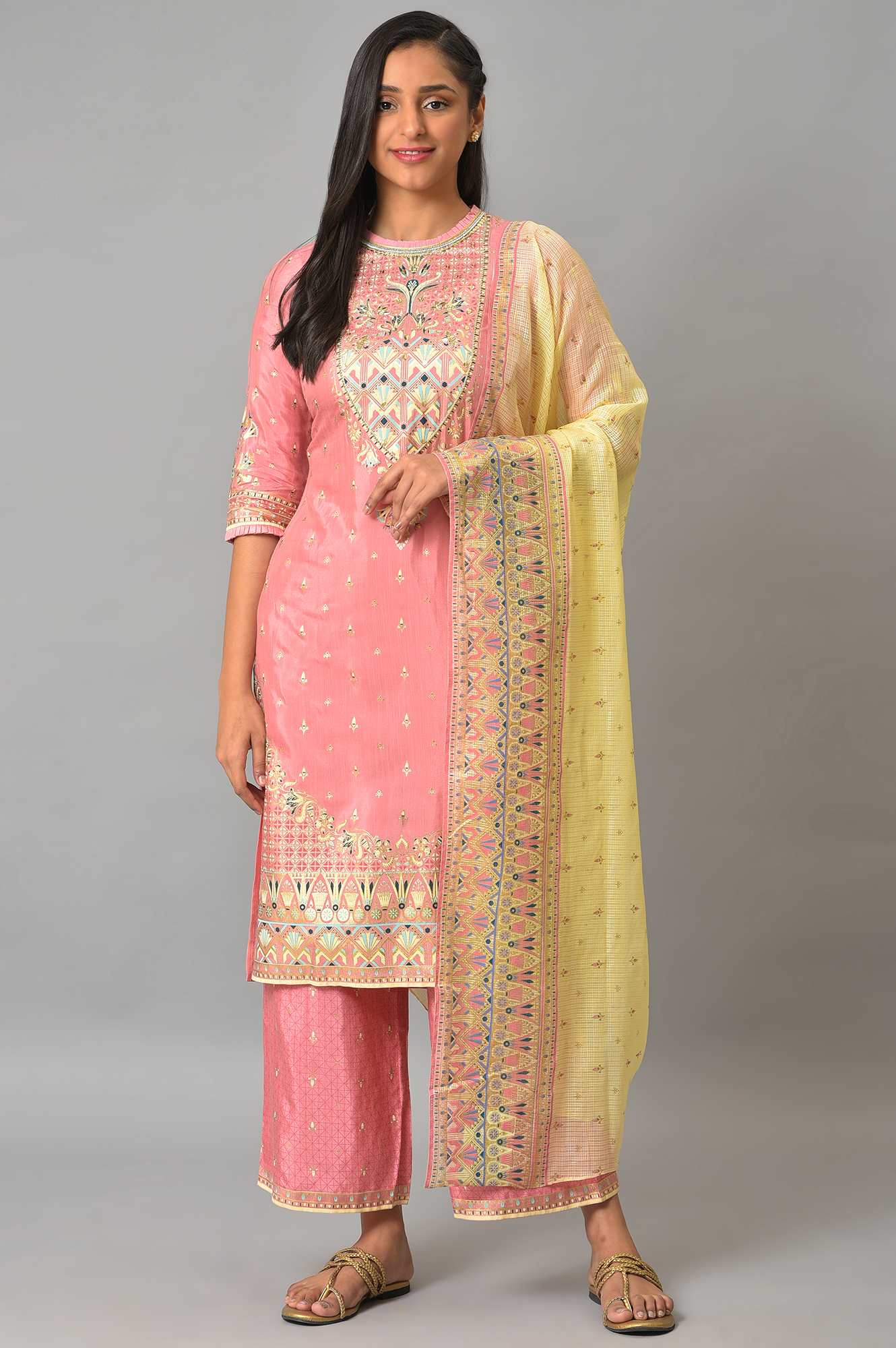 Pink Festive kurta With Narrow Palaza And Yellow Dupatta