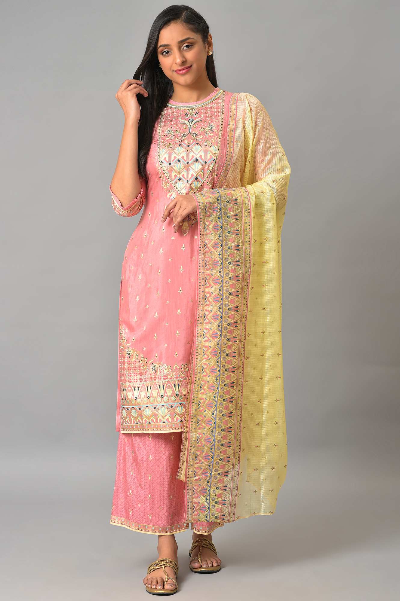 Pink Festive kurta With Narrow Palaza And Yellow Dupatta