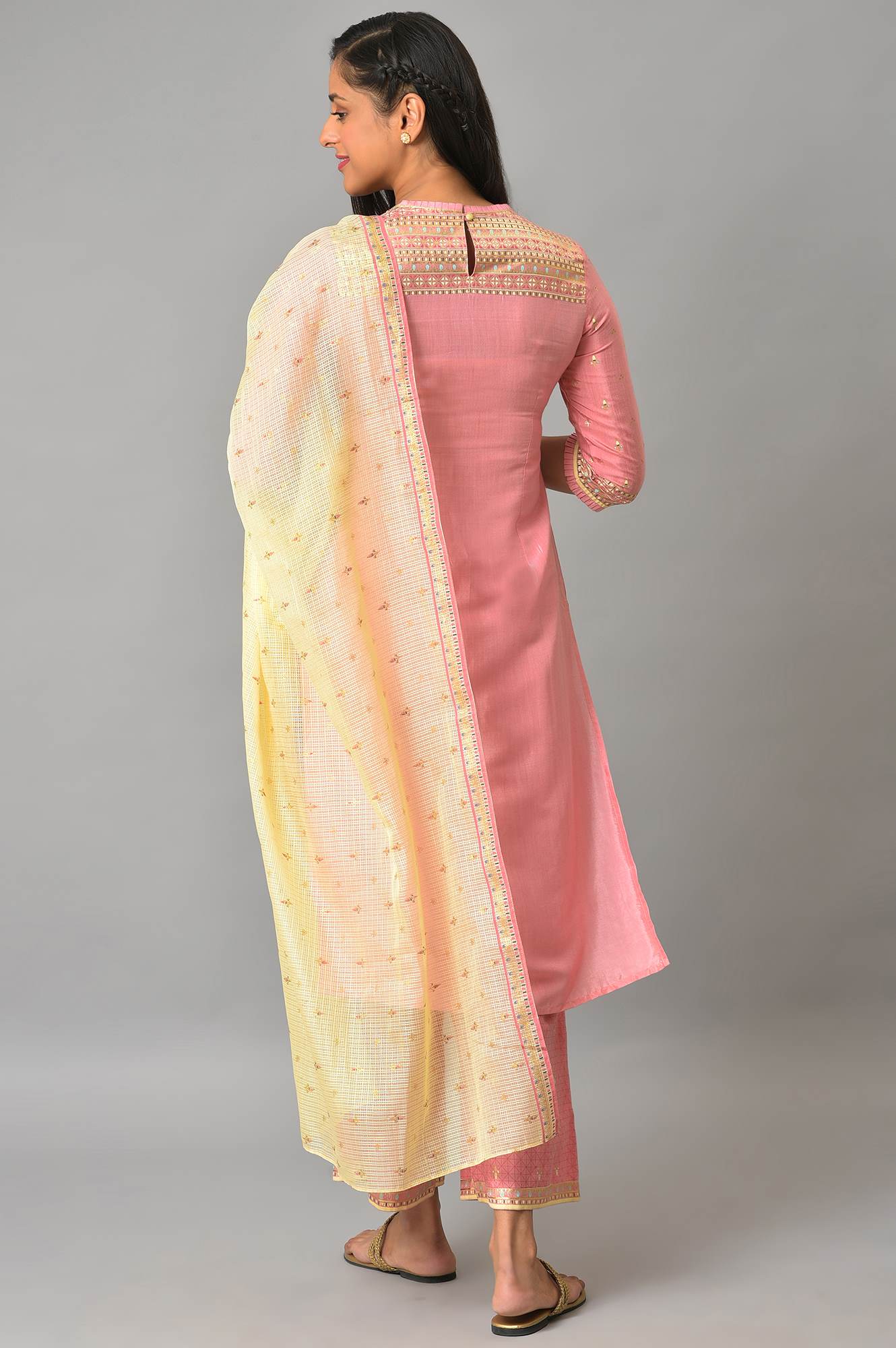 Pink Festive kurta With Narrow Palaza And Yellow Dupatta