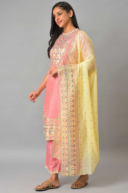 Pink Festive kurta With Narrow Palaza And Yellow Dupatta