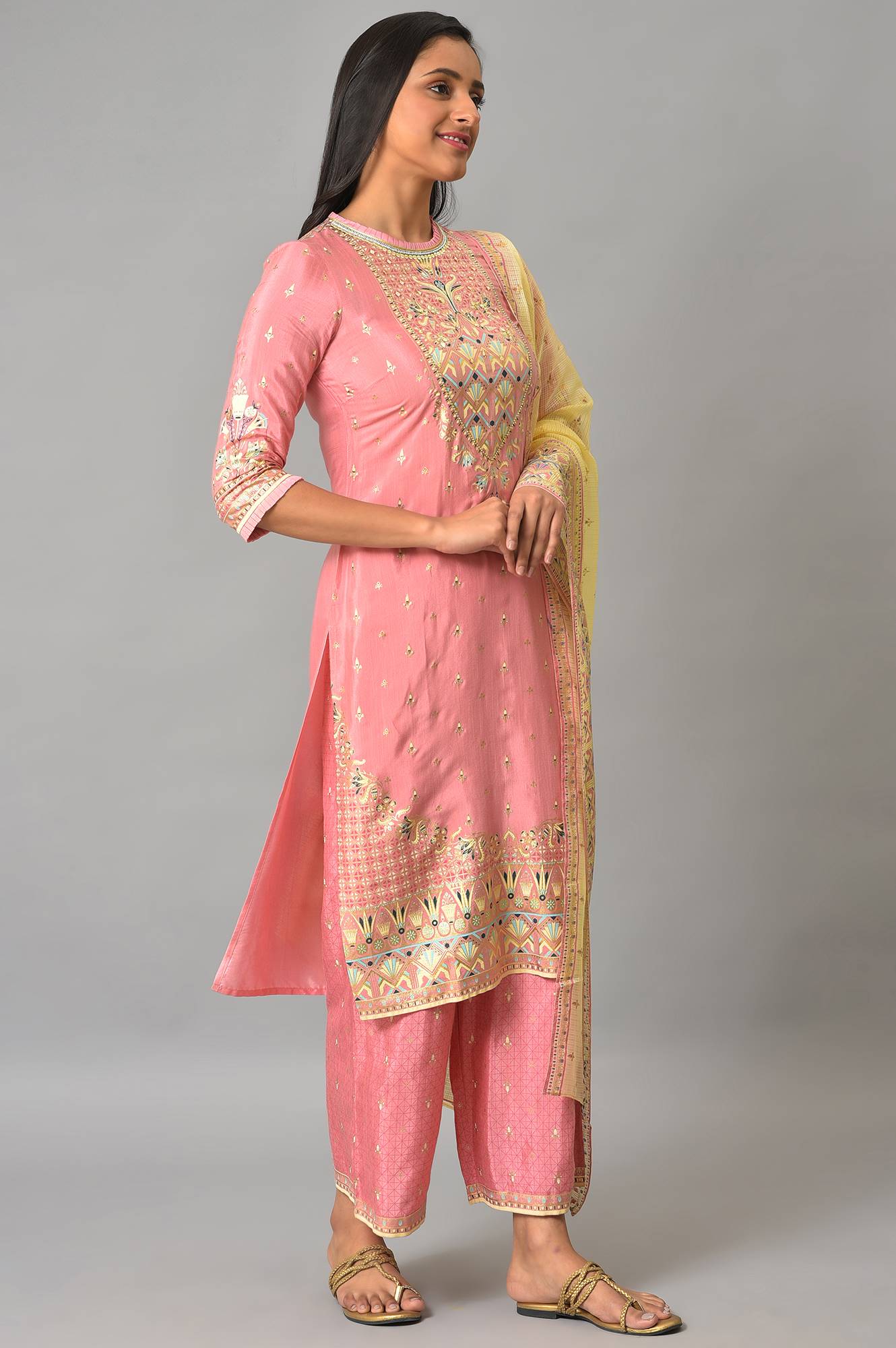 Pink Festive kurta With Narrow Palaza And Yellow Dupatta