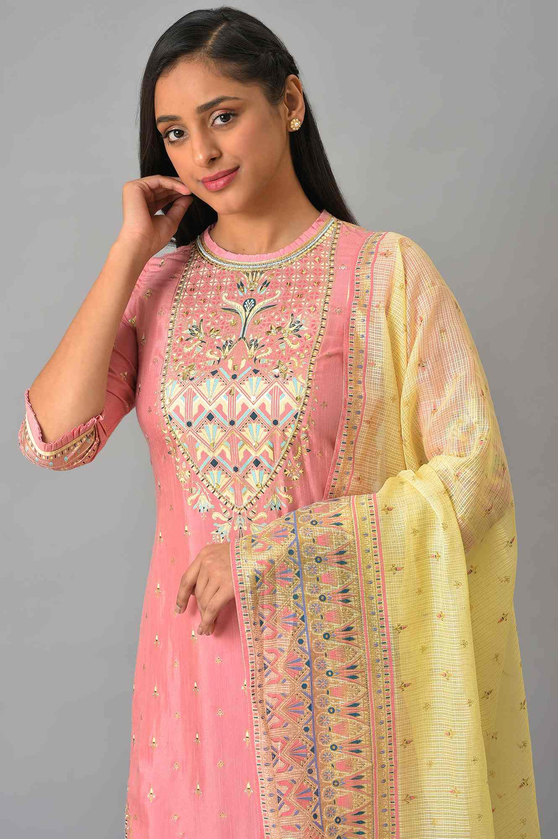 Pink Festive kurta With Narrow Palaza And Yellow Dupatta