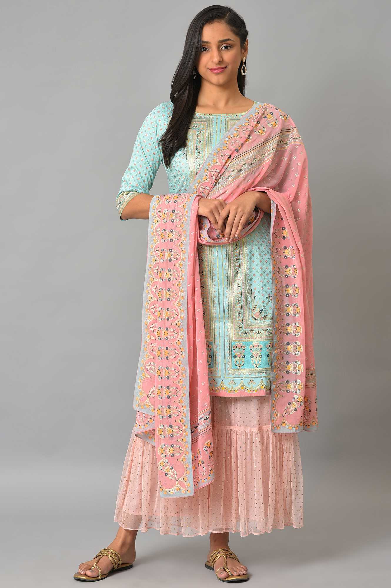 Blue Floral Printed Kurta With Pink Net Sharara And Dupatta