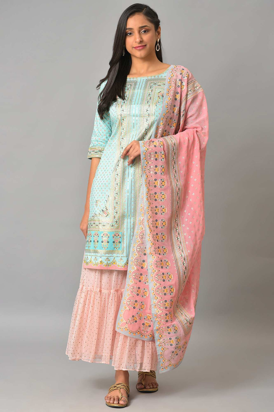 Blue Floral Printed kurta With Pink Net Sharara And Dupatta