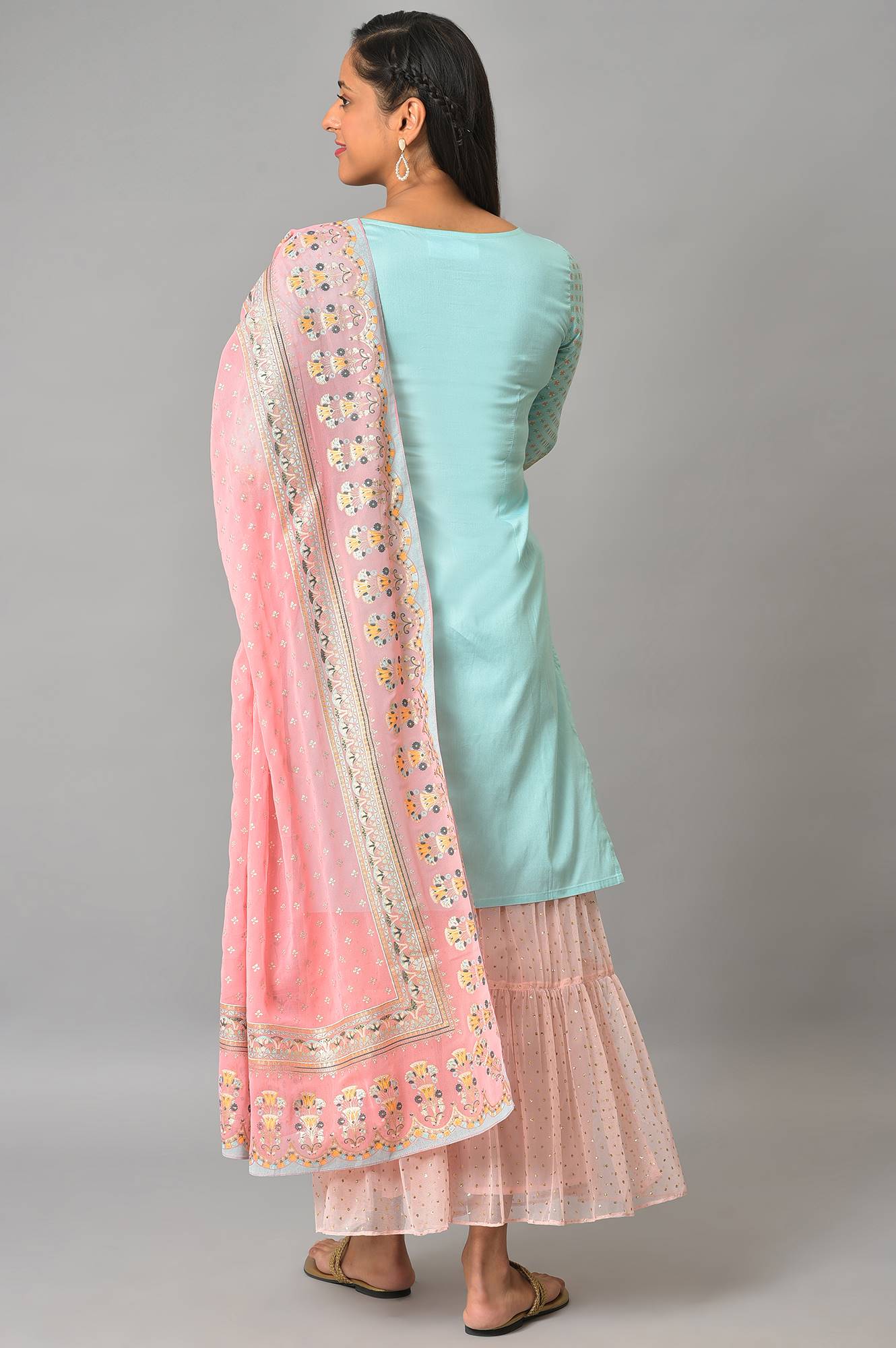 Blue Floral Printed Kurta With Pink Net Sharara And Dupatta