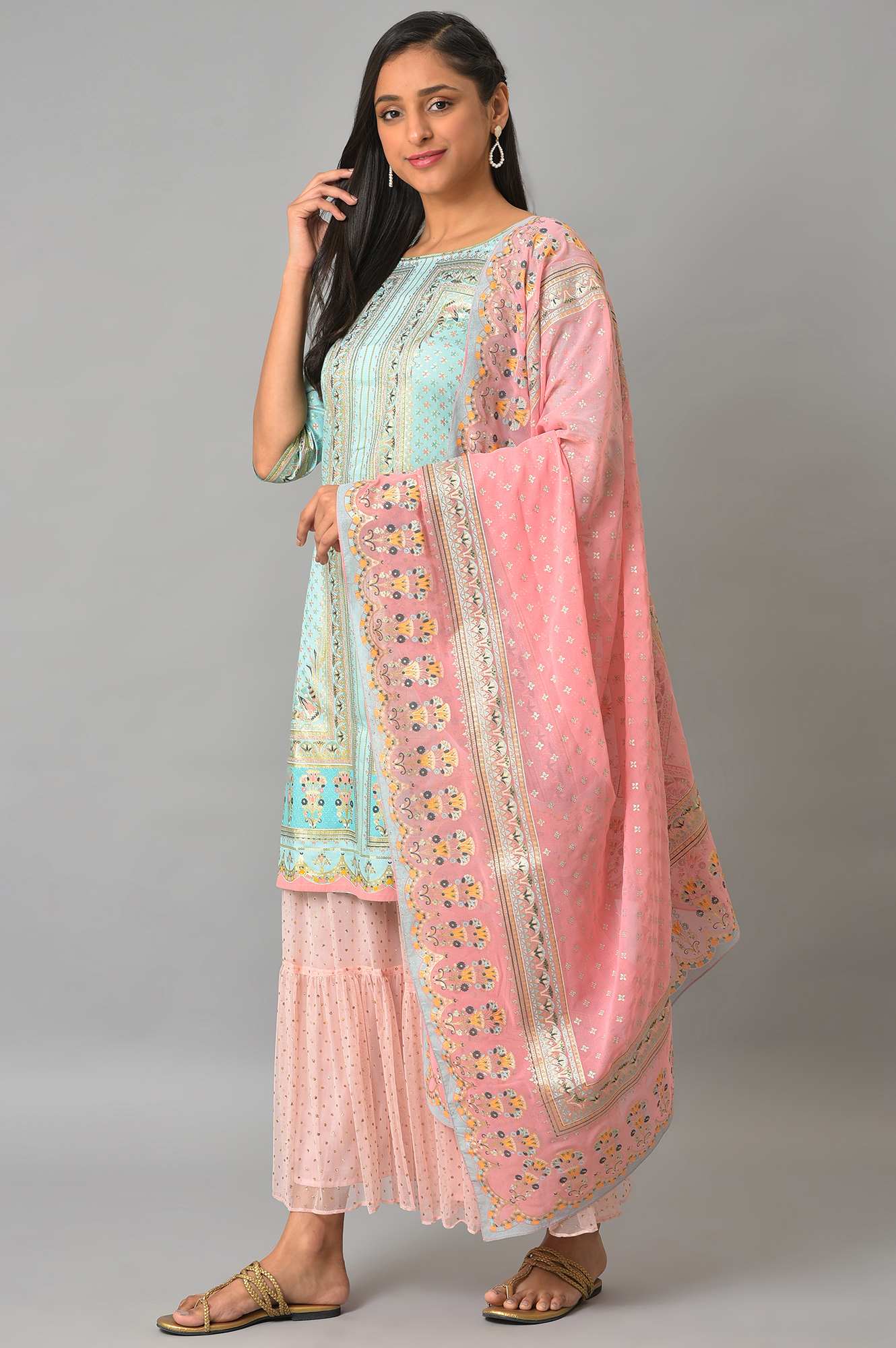 Blue Floral Printed Kurta With Pink Net Sharara And Dupatta