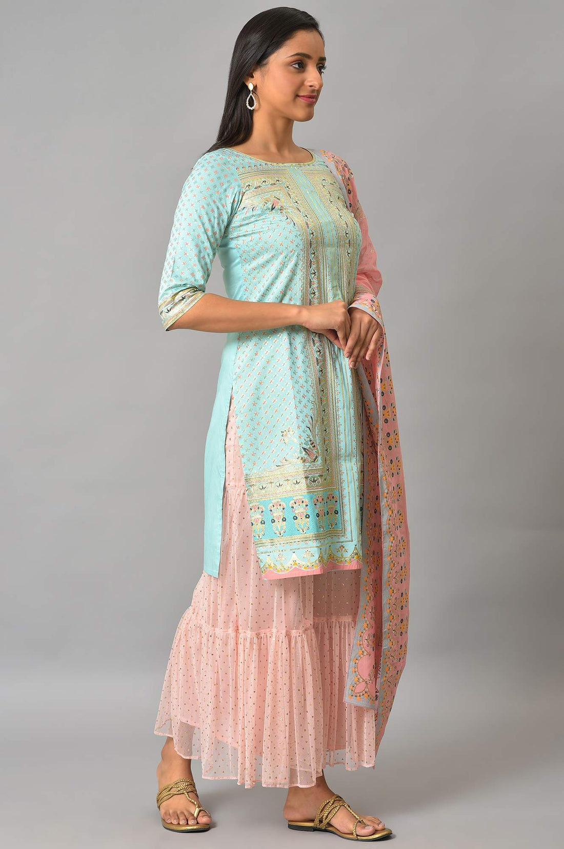 Blue Floral Printed Kurta With Pink Net Sharara And Dupatta