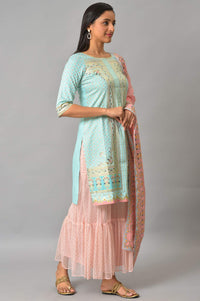 Blue Floral Printed kurta With Pink Net Sharara And Dupatta