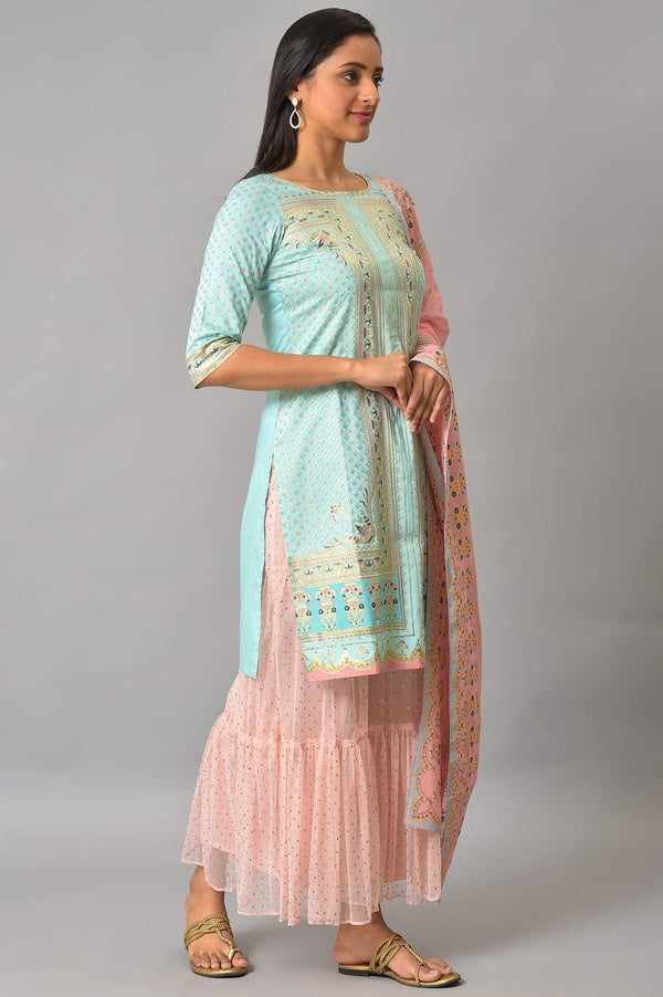Blue Floral Printed kurta With Pink Net Sharara And Dupatta