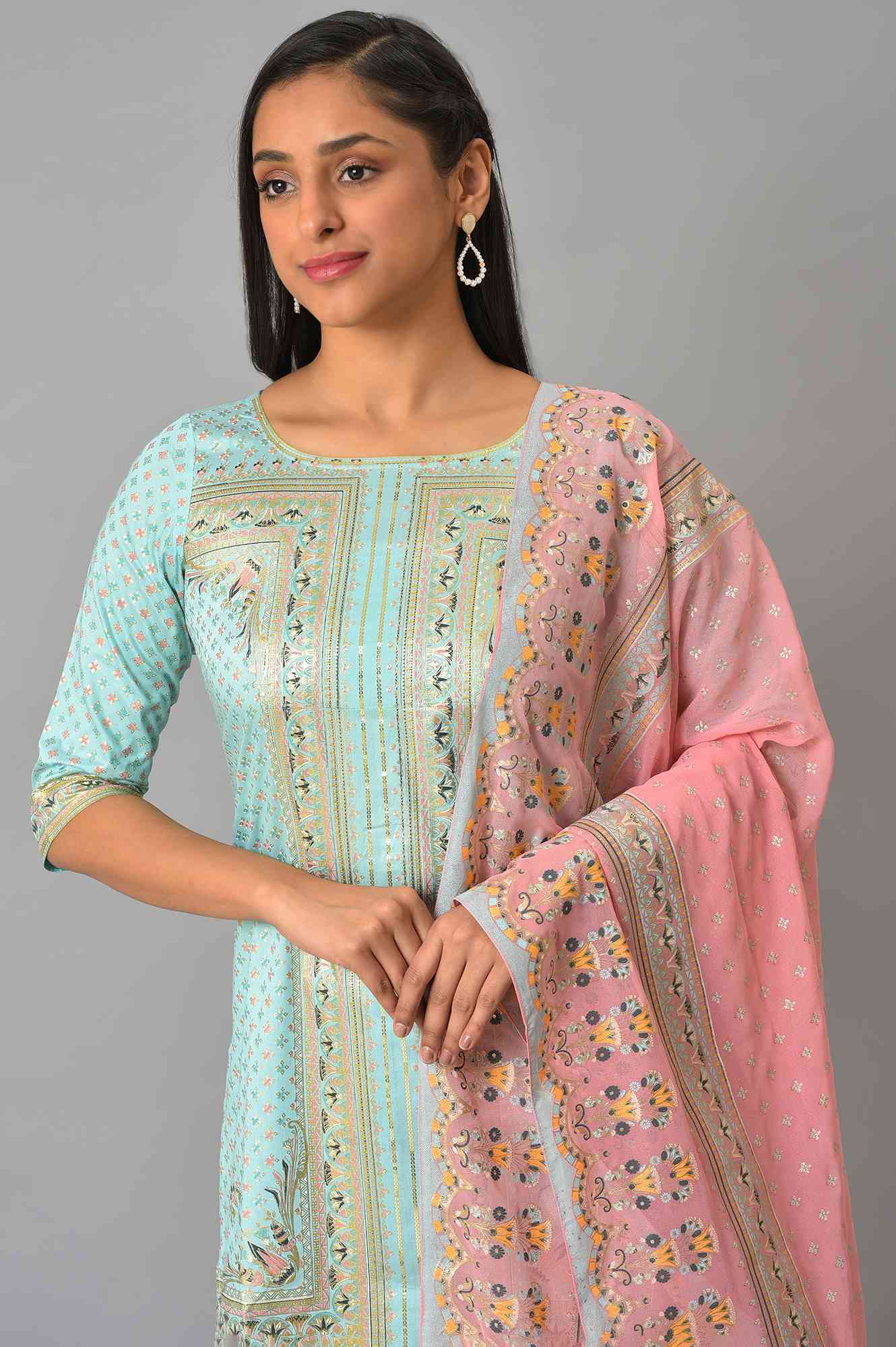 Blue Floral Printed Kurta With Pink Net Sharara And Dupatta