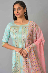 Blue Floral Printed kurta With Pink Net Sharara And Dupatta