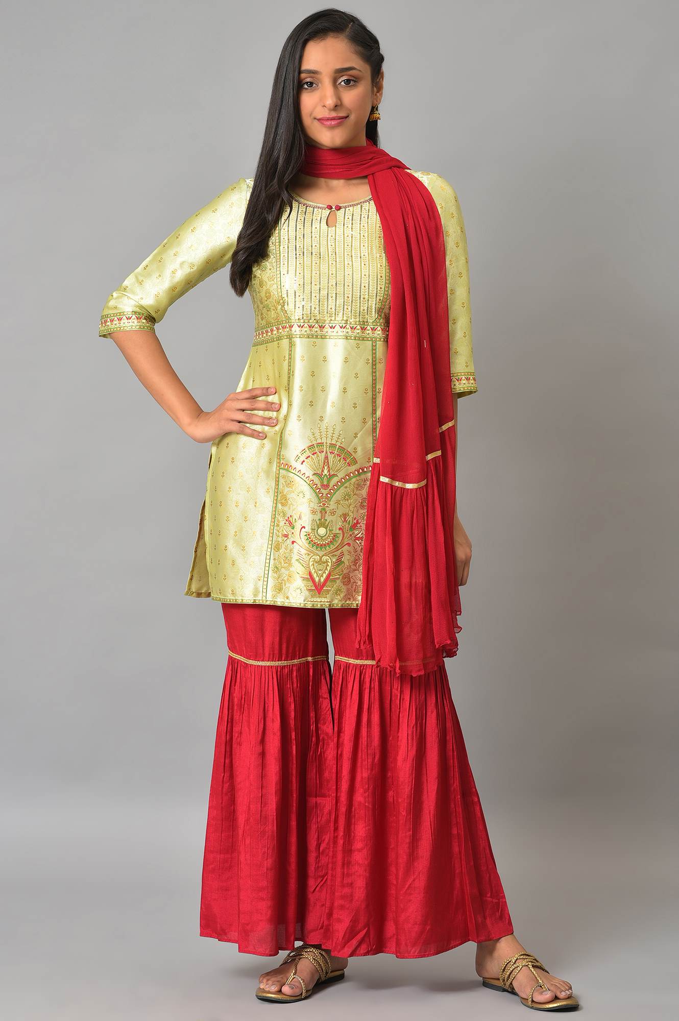 Green Embellished kurta With Red Sharara And Dupatta