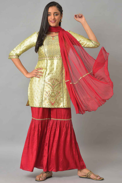 Green Embellished kurta With Red Sharara And Dupatta