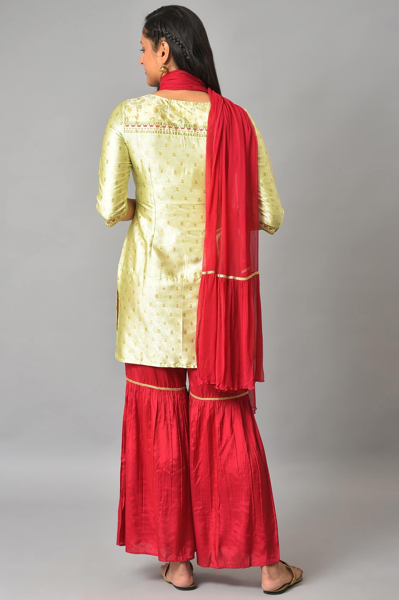 Green Embellished kurta With Red Sharara And Dupatta