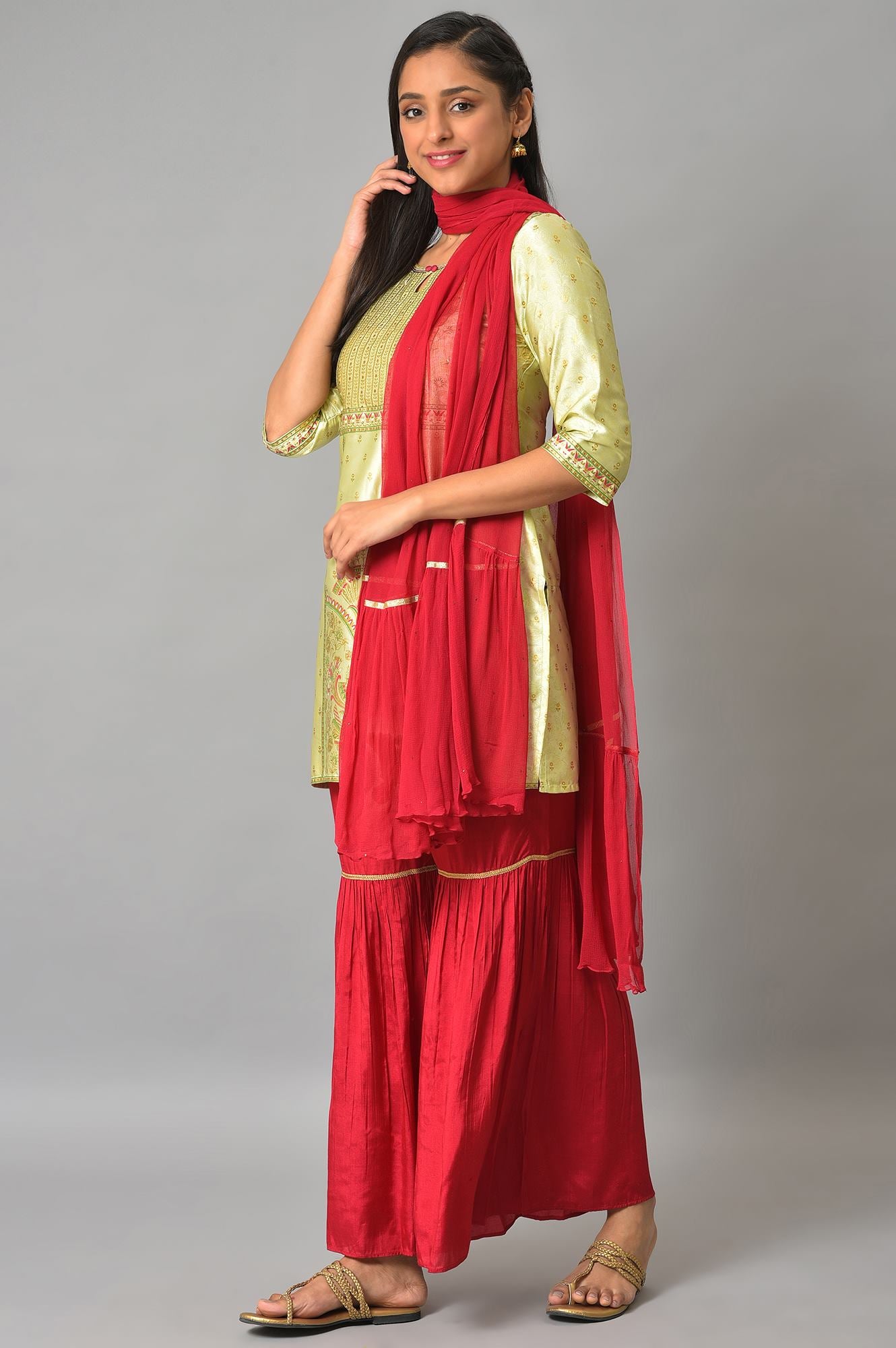 Green Embellished kurta With Red Sharara And Dupatta