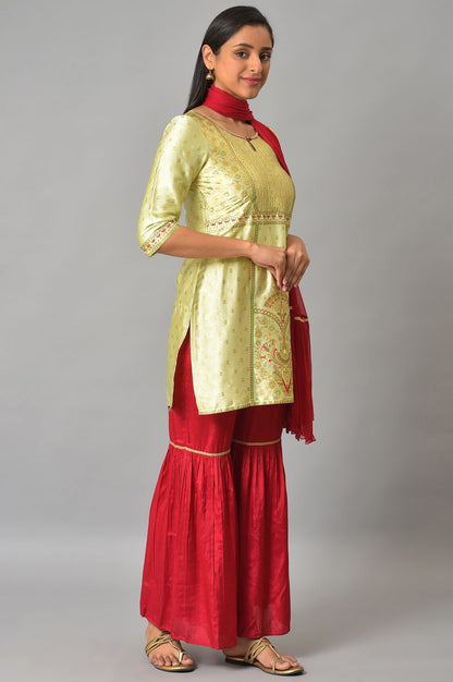 Green Embellished kurta With Red Sharara And Dupatta