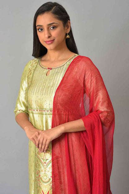 Green Embellished kurta With Red Sharara And Dupatta