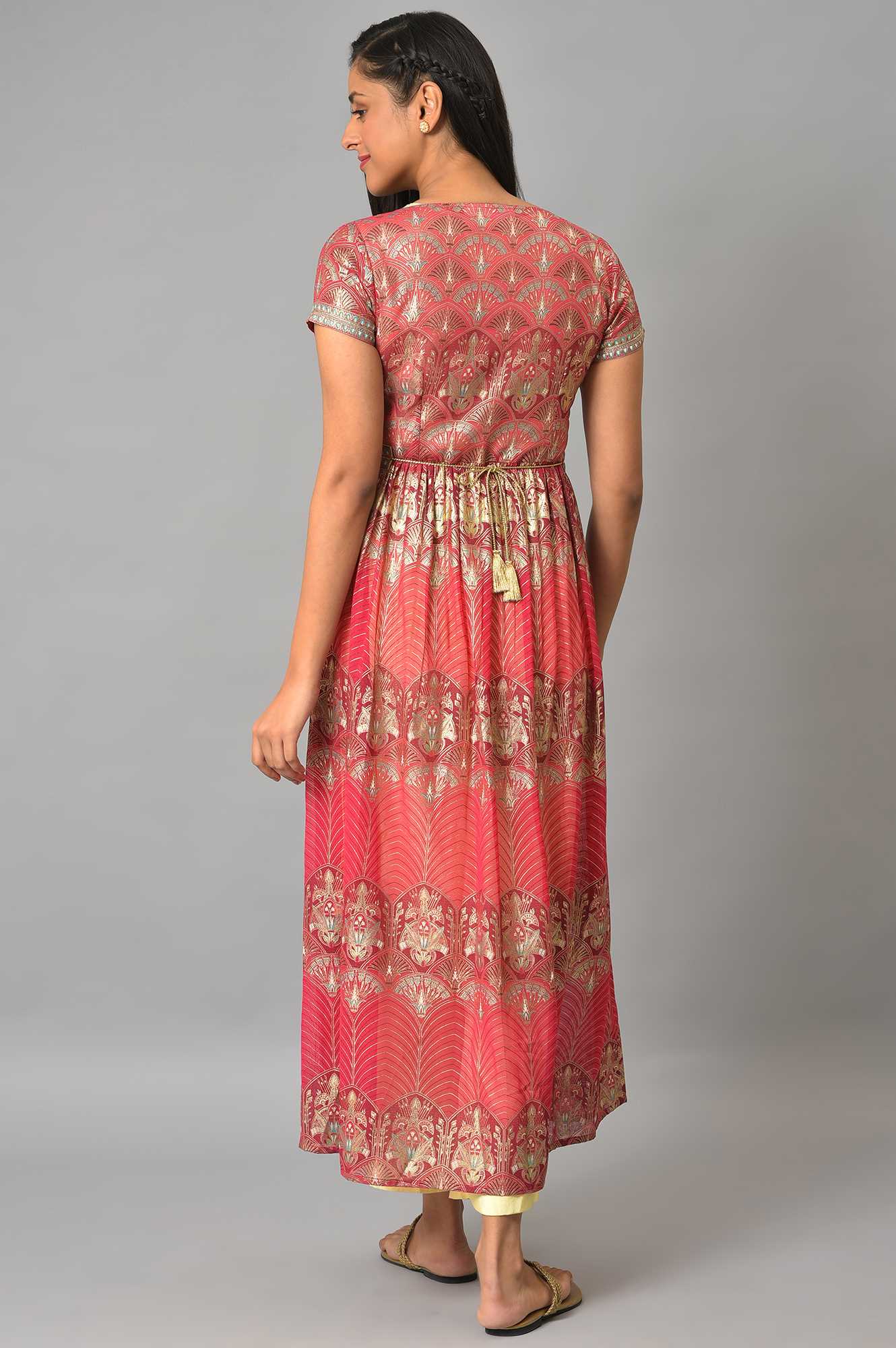 Pink Ornated Long Gillet With Yellow Inner kurta And Trousers