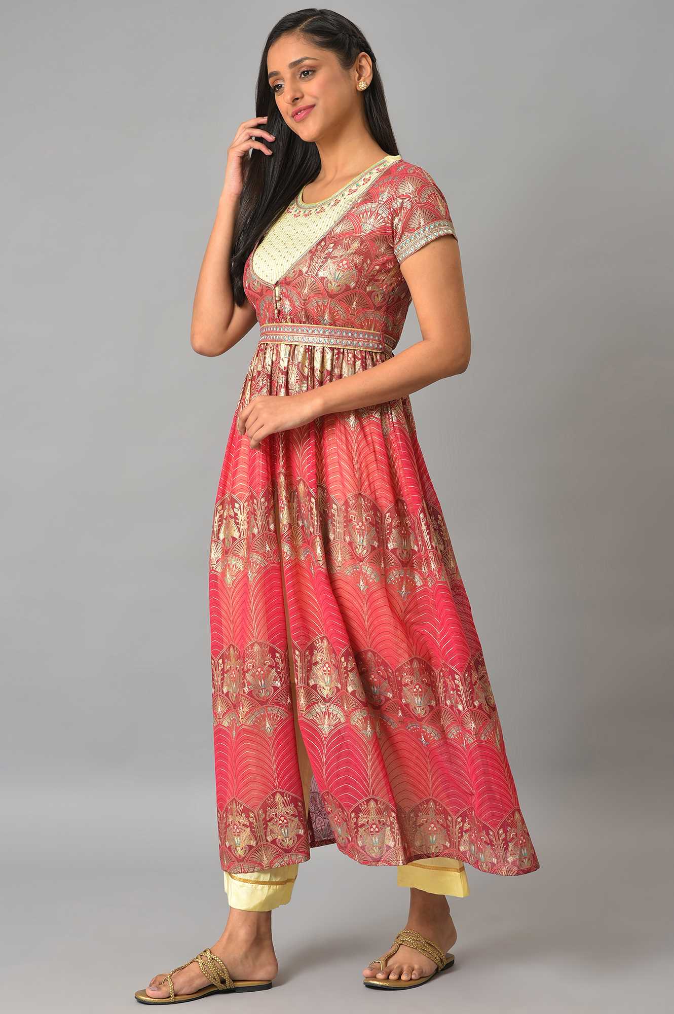 Pink Ornated Long Gillet With Yellow Inner kurta And Trousers