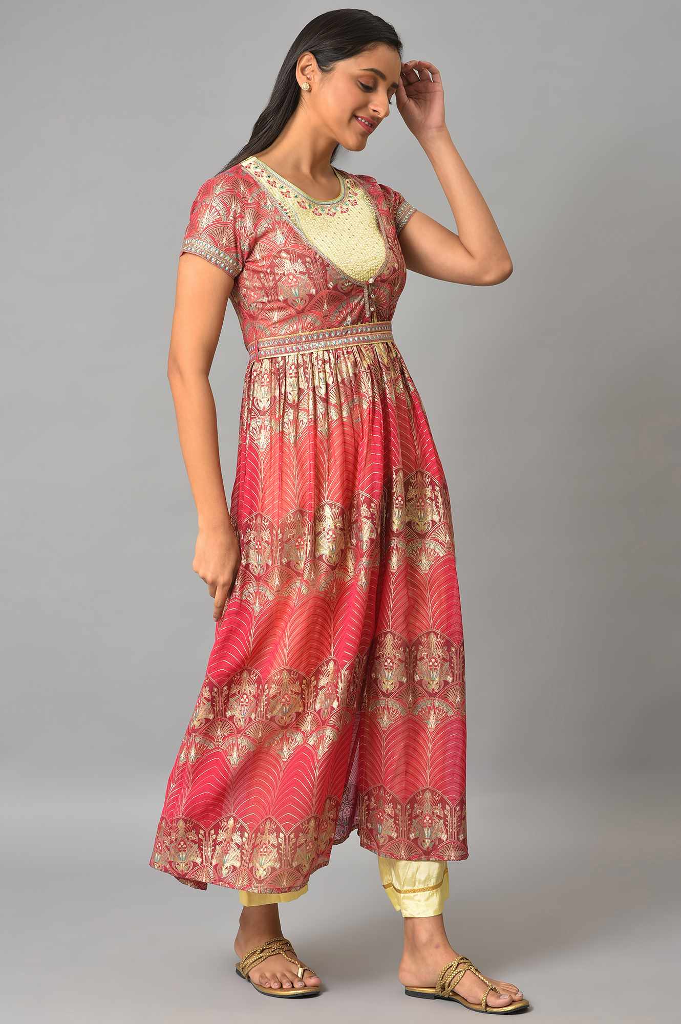 Pink Ornated Long Gillet With Yellow Inner kurta And Trousers