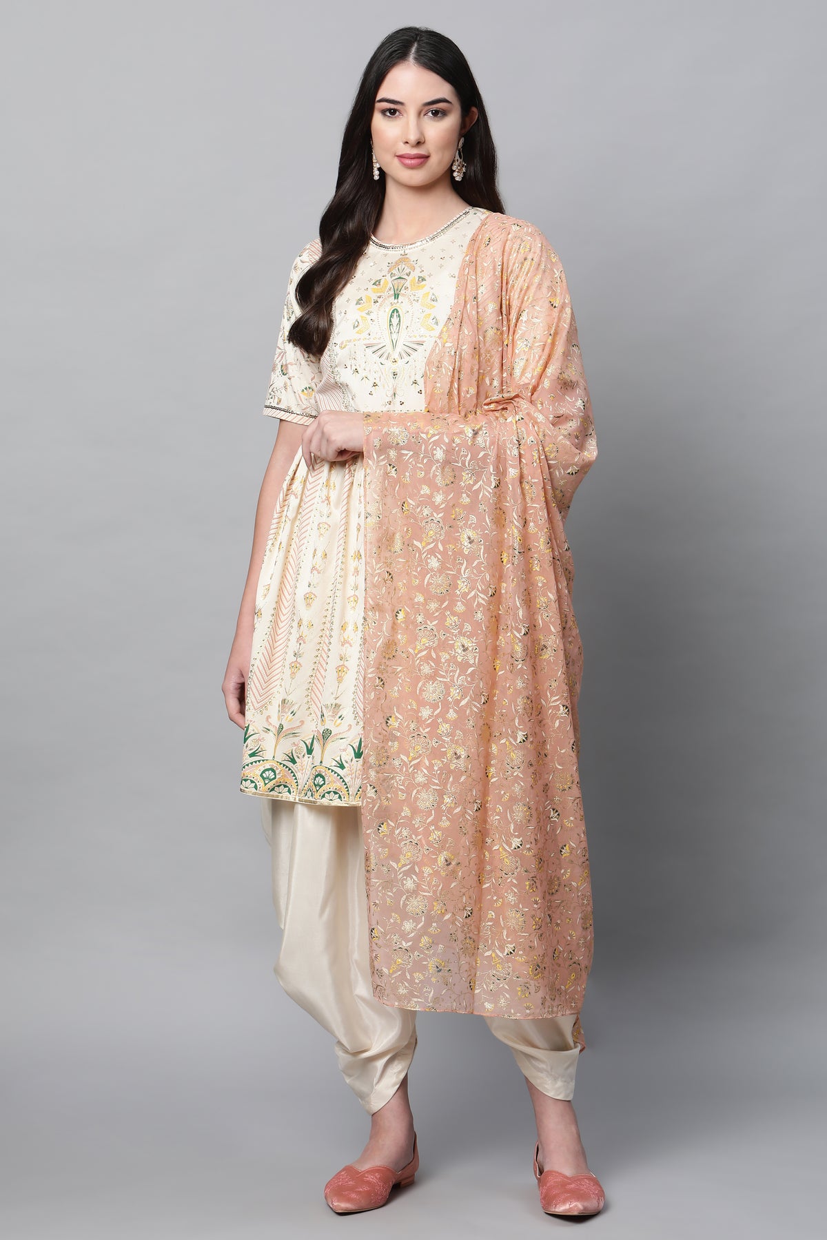 White Printed Festive Short Kurta With Dhoti Set - S