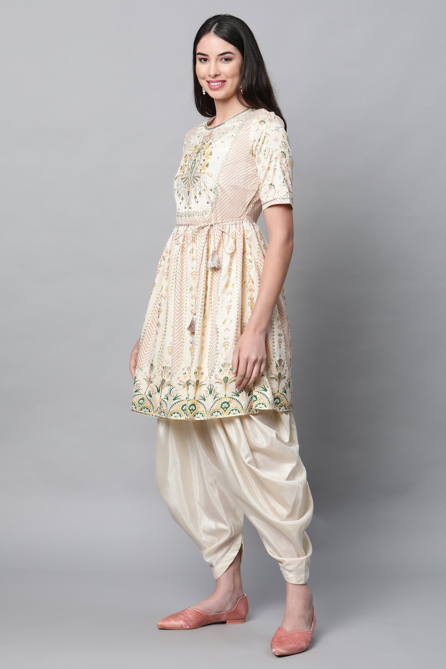 White Printed Festive Short kurta With Dhoti Set