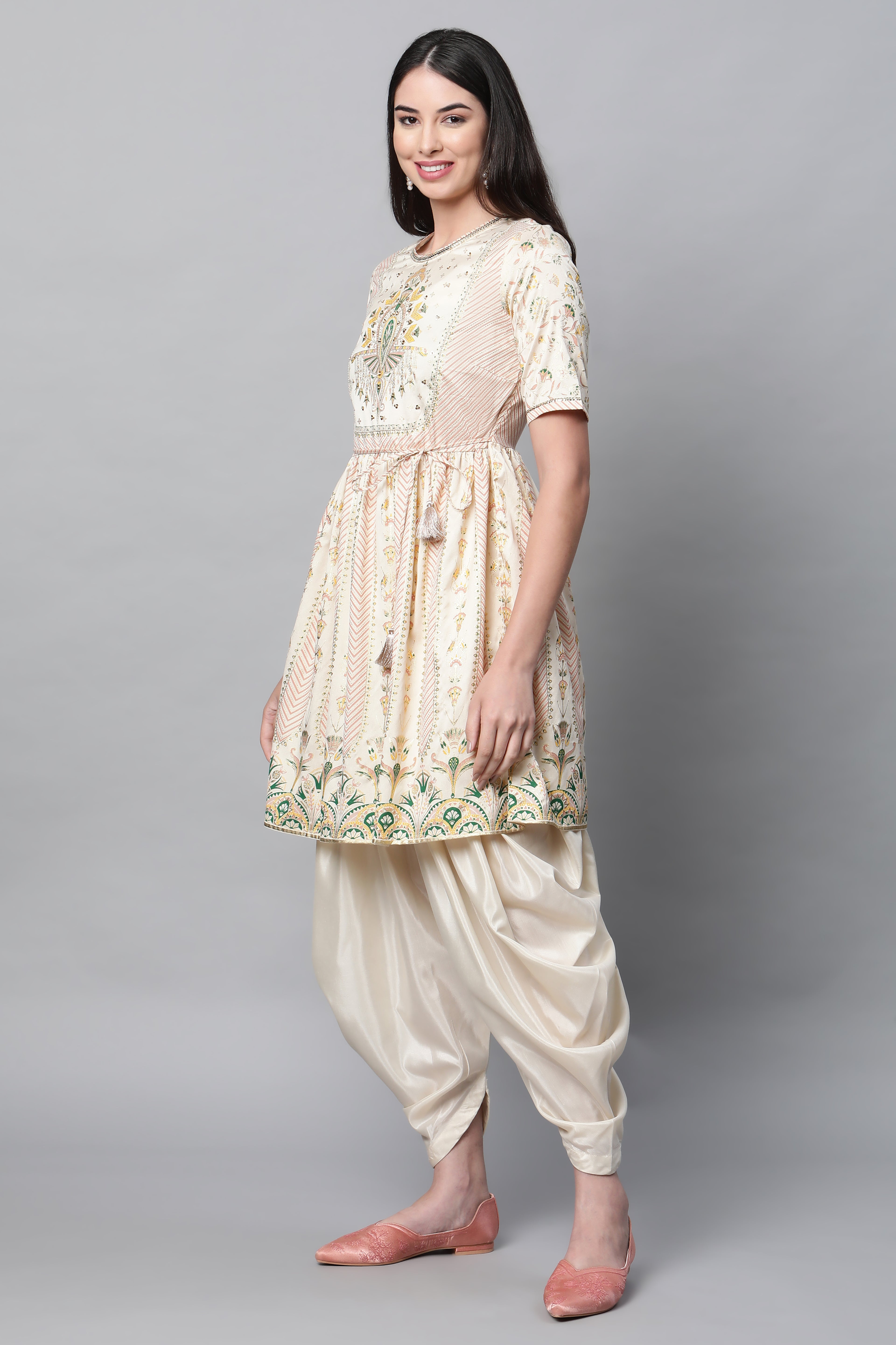 White Printed Festive Short kurta With Dhoti Set