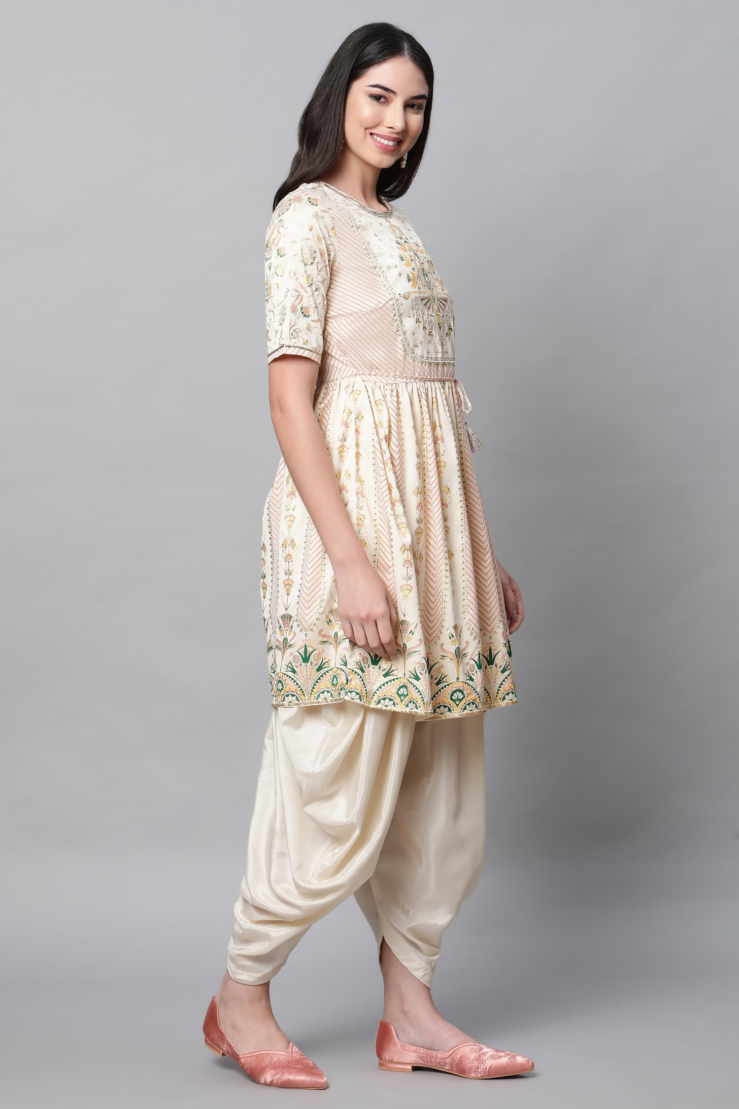 White Printed Festive Short kurta With Dhoti Set