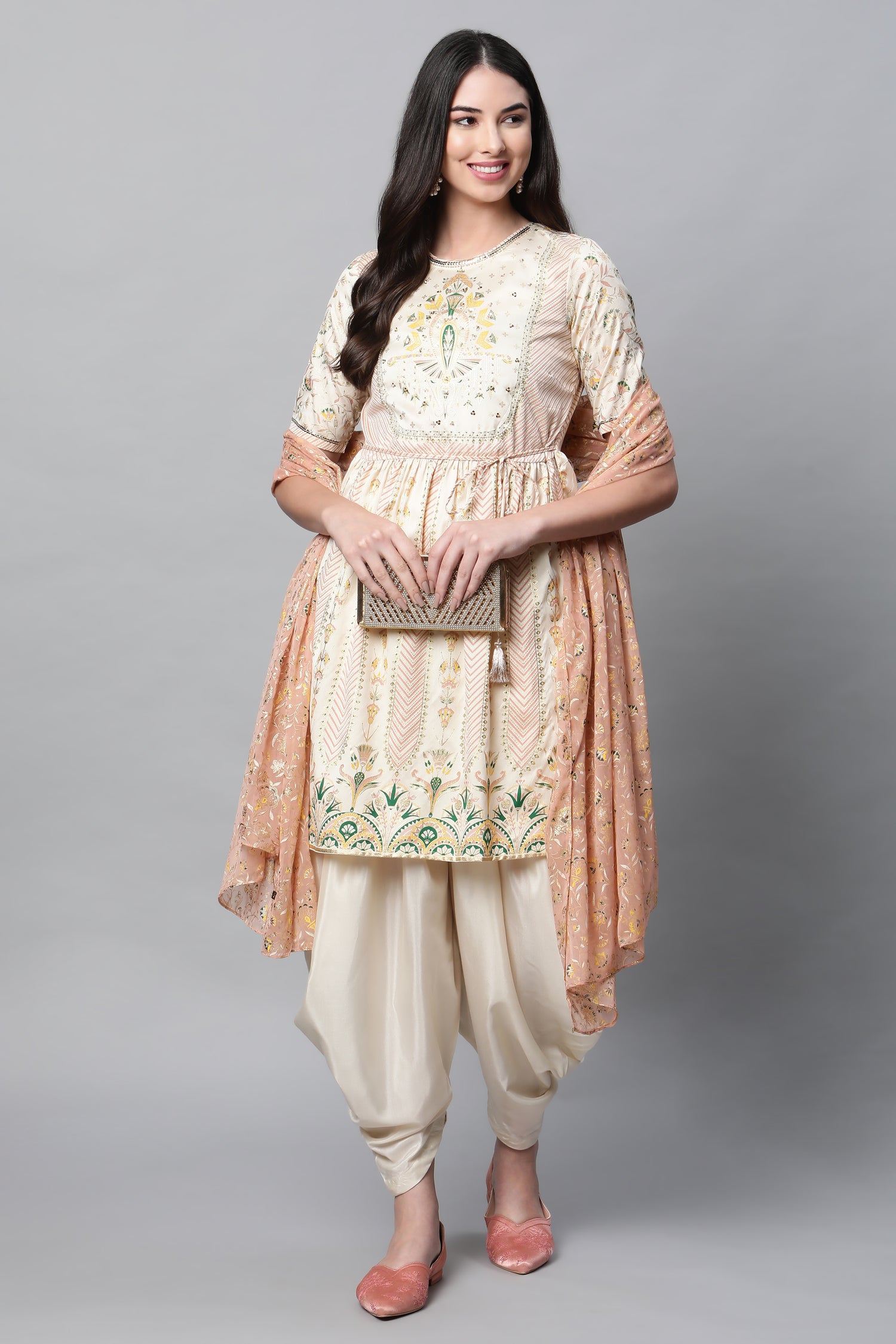 White Printed Festive Short kurta With Dhoti Set