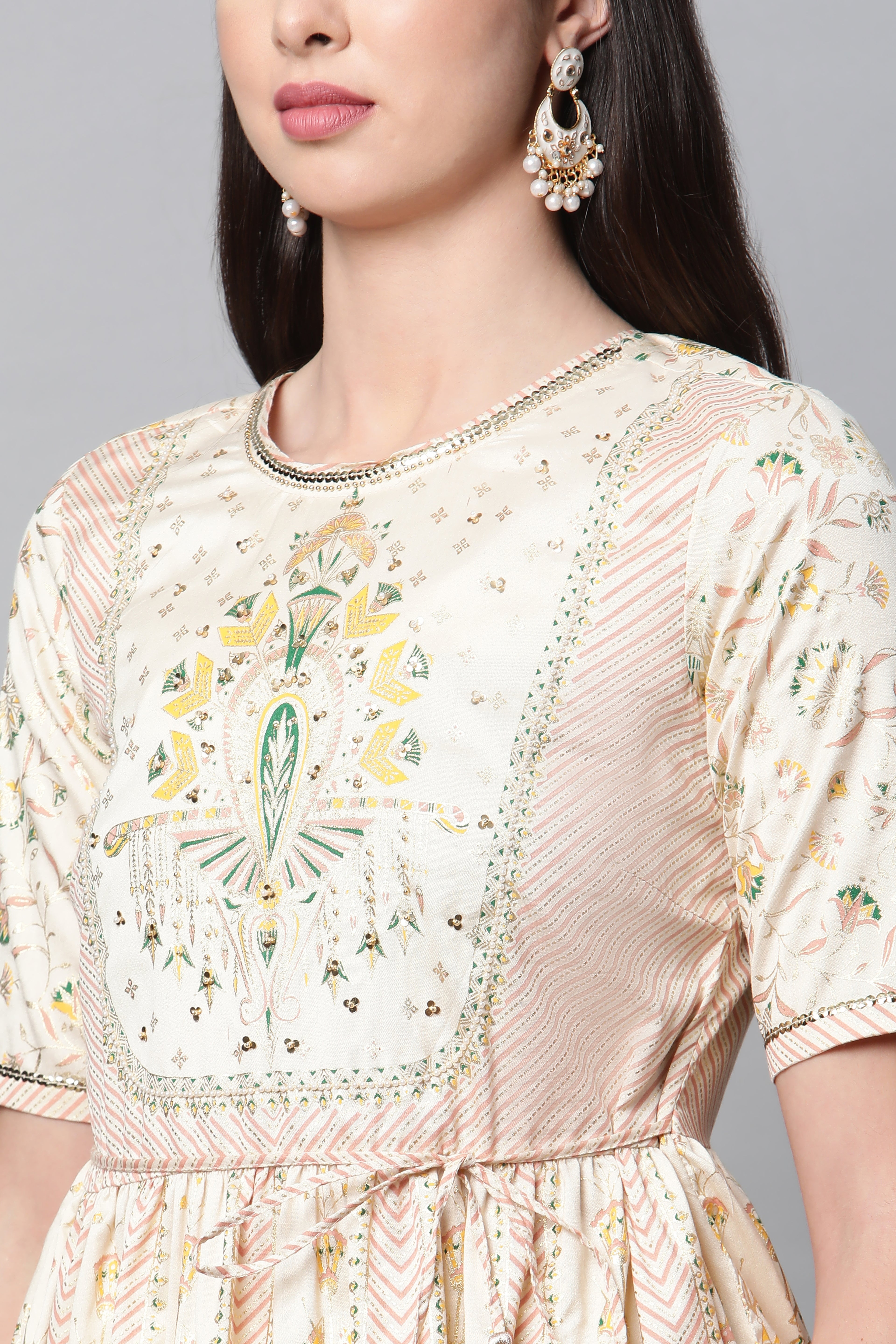 White Printed Festive Short kurta With Dhoti Set