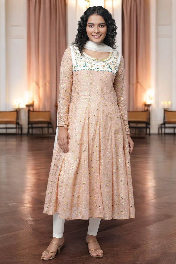 Peach Floral Foil Printed Festive Anarkali kurta, Tights And Dupatta Set