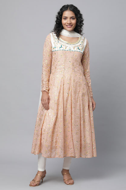 Peach Floral Foil Printed Festive Anarkali kurta, Tights And Dupatta Set