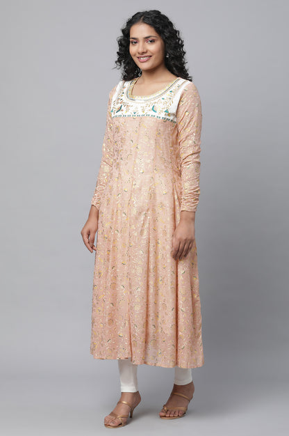 Peach Floral Foil Printed Festive Anarkali kurta, Tights And Dupatta Set