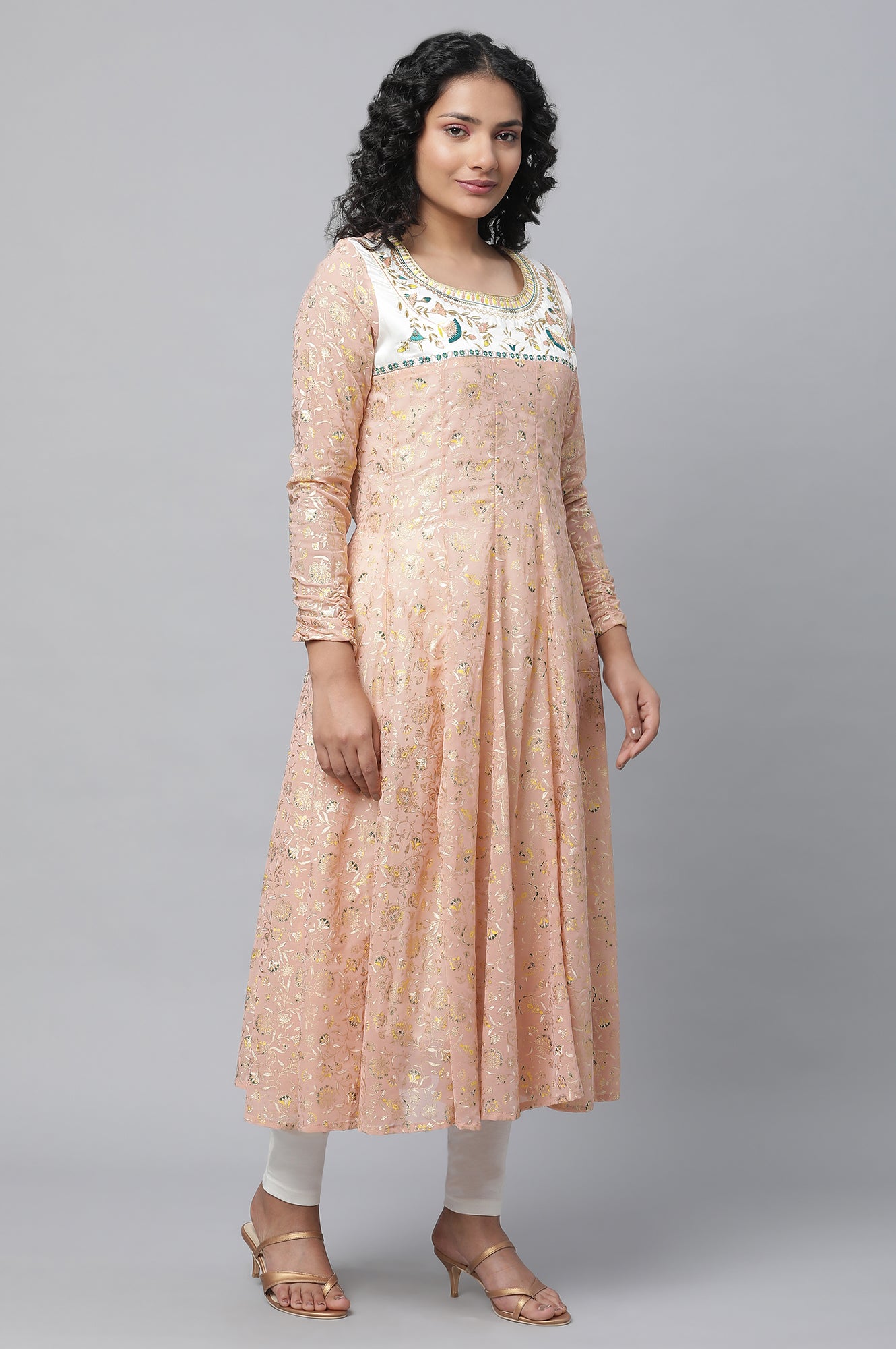 Peach Floral Foil Printed Festive Anarkali kurta, Tights And Dupatta Set